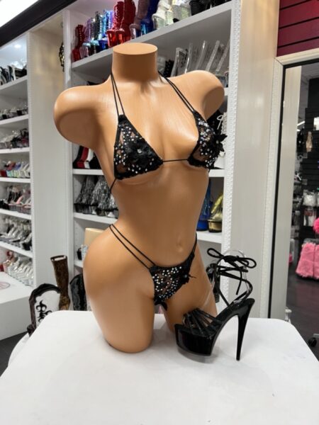 Black floral bikini set featuring rhinestone embellishments, triangle top, and matching string bikini bottoms.