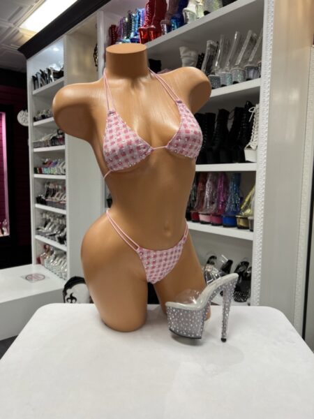 Pink gingham bikini set with rhinestone embellishments, triangle top, and matching low-rise bikini bottoms.