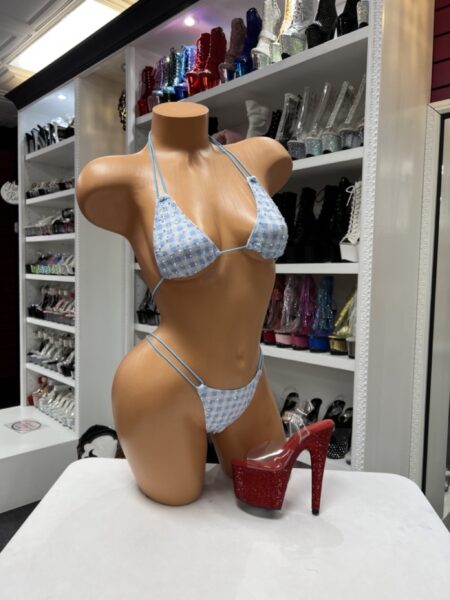 Blue gingham bikini with rhinestone accents, adjustable triangle top, double side strap bottoms, and soft stretch fabric.