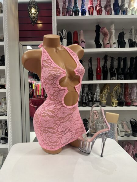 Pink Lace Cutout Dress featuring sheer floral lace, halter neckline, triple front cutouts, and a bodycon mini dress design.