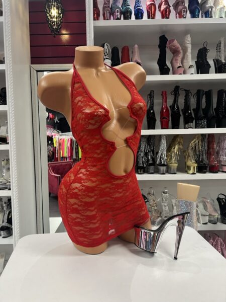 Red Lace Cutout Dress featuring floral stretch lace, halter neckline, dramatic front cutout, and bodycon mini dress silhouette.