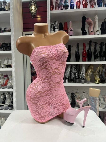 Pink Lace Mini Dress featuring soft floral stretch lace, strapless neckline, bodycon fit, and feminine mini dress silhouette.