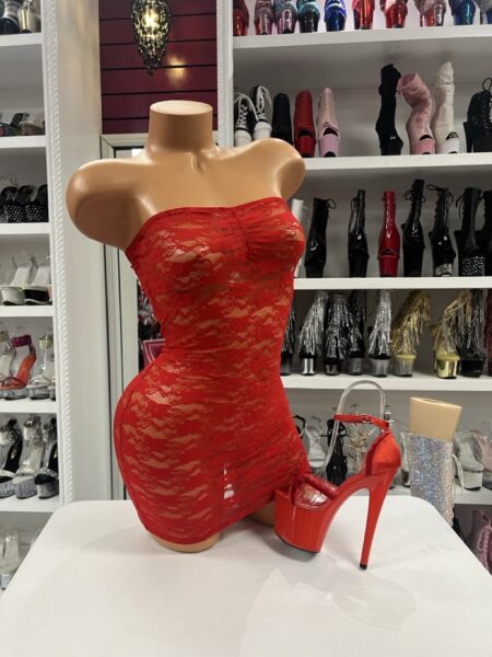 Red Lace Mini Dress with floral stretch lace, strapless neckline, bodycon fit, and elegant mini dress silhouette.