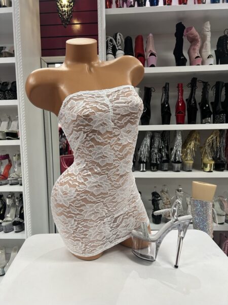 White Lace Mini Dress featuring floral stretch lace, a strapless neckline, lightweight bodycon fit, and elegant mini dress silhouette.
