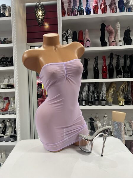 Lavender Mesh Mini Dress featuring sheer stretch mesh fabric, strapless neckline, ruched bust detail, and a bodycon mini silhouette.