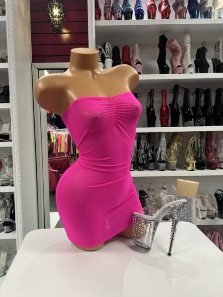 Fuchsia Mesh Mini Dress featuring sheer stretch mesh, a strapless ruched neckline, and a bodycon mini silhouette perfect for beach vacations, festivals, and resort wear.