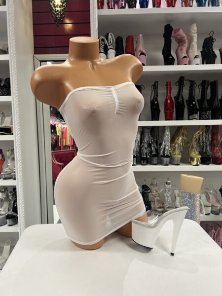 White Strapless Mini Dress featuring a ruched strapless neckline, bodycon fit, soft stretch fabric, and classic mini length.