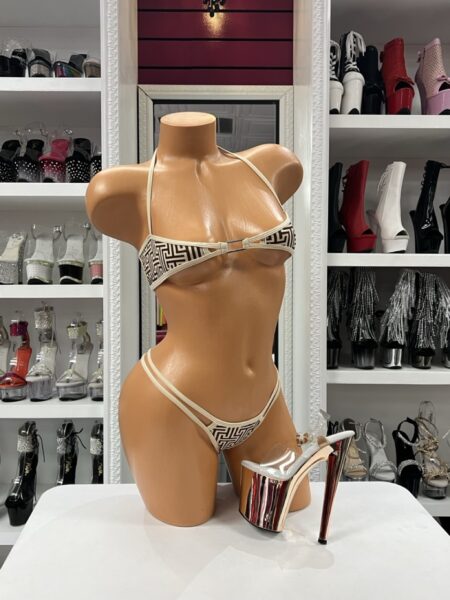 Cream Maze String Bikini featuring a cream and black geometric maze print, adjustable halter bikini top with an open-front metal connector, and matching double side strap bikini bottoms.