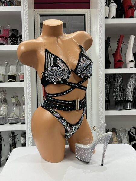 Black Luxe Crystal Bikini featuring a black crystal embellished two-piece set with wraparound straps, iridescent stones, and a decorative buckle waistband.