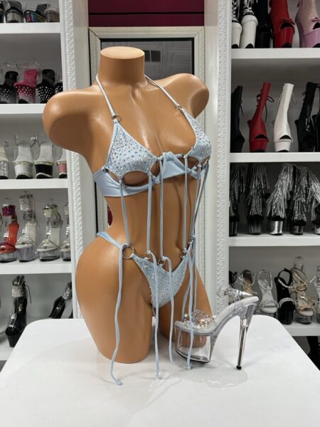 Ice Crystal Tassel Bikini with crystal embellished halter top, matching thong, metal ring accents, and flowing tassels