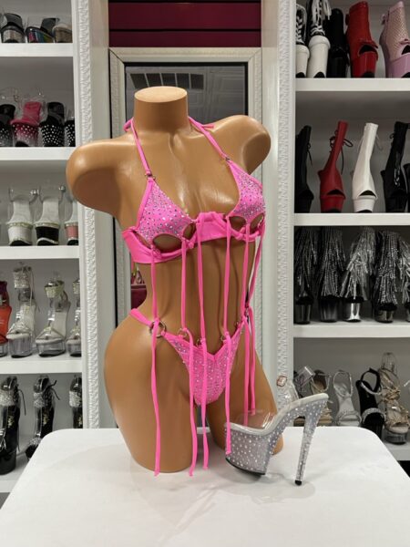 Pink Crystal Tassel Bikini with crystal embellished halter top, matching thong, and hanging tassel details