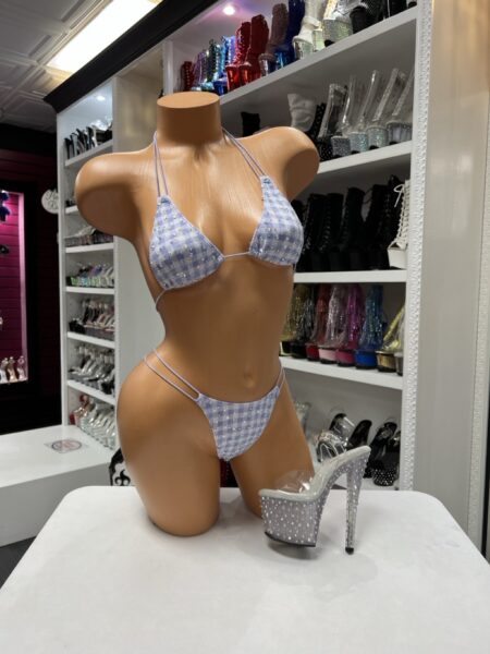 Lavender Gingham Crystal Bikini featuring a pastel gingham two-piece design with sparkling crystal embellishments and double side strap bikini bottoms.