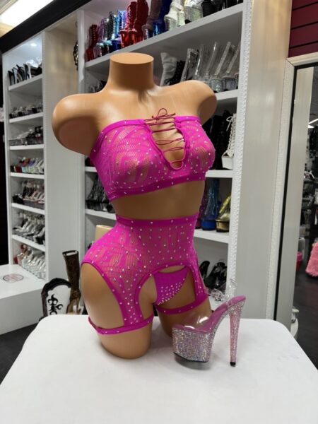 Pink Rhinestone Garter Set with lace-up bandeau top, matching garter skirt, rhinestone embellishments, and coordinating thong.