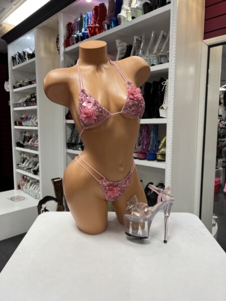Pink Floral Bikini Set featuring crystal rhinestones, pearl accents, sequins, and three-dimensional floral appliqués.