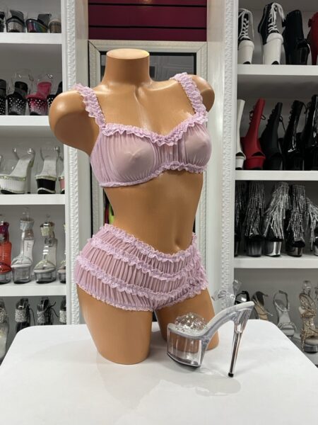 Blush Ruffle Lounge Set featuring a soft mesh bralette with lace trim and matching layered ruffle shorts in blush pink.