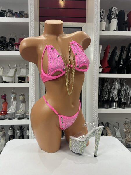 Pink Crystal Chain Bikini featuring sparkling crystal embellishments, decorative gold chain accents, adjustable triangle top, and matching two piece bikini bottom.