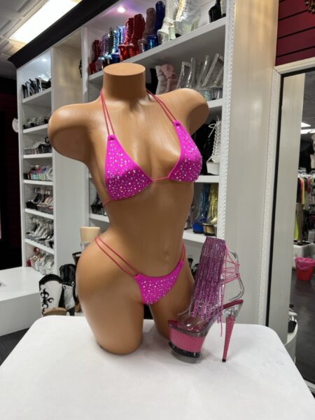 Fuchsia Crystal Bikini featuring a crystal embellished triangle top with matching double strap bikini bottoms in bright fuchsia.