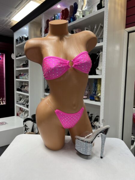 Pink Crystal Bandeau Bikini featuring a crystal embellished bandeau top, center ring detail, matching crystal bikini bottoms, and clear side straps.