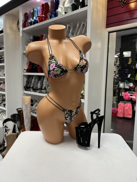Midnight Blossom Bikini featuring a black floral triangle bikini top with crystal embellishments and matching double-string thong bottoms.