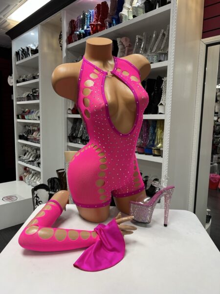 Neon Cutout Sleeve Romper with rhinestone embellishments, matching cutout arm sleeves, detachable flared cuffs, and plunge neckline in hot pink.