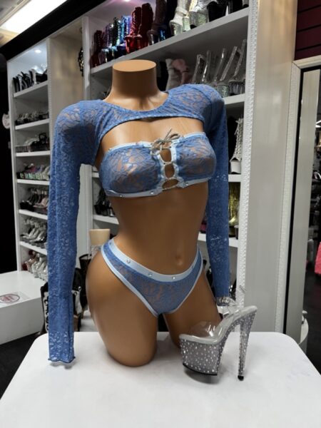 Blue lace sleeve set with a bandeau lace top, matching bottoms, rhinestone details, and a coordinating long sleeve shrug.