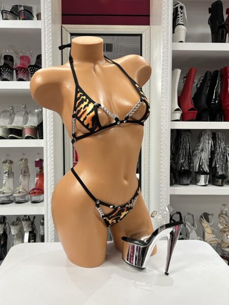 Tiger Chain Bikini Set with silver chain accents, adjustable halter top, and matching tiger print bikini bottom.
