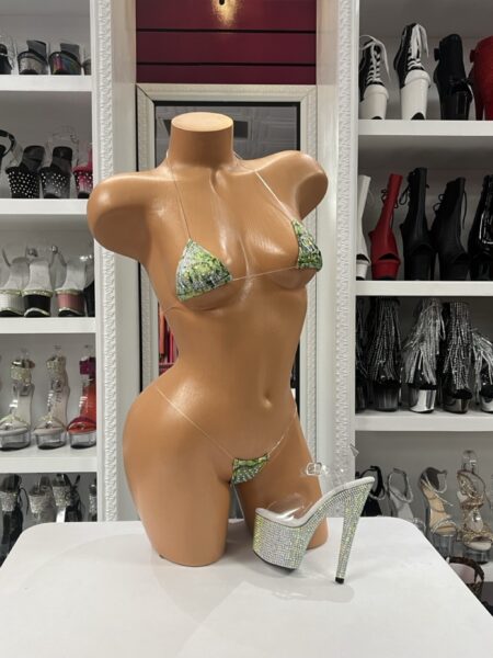 Green Snakeskin Micro Bikini with crystal embellishments, triangle top, and matching micro thong.