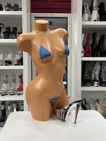 Blue rhinestone micro bikini with petite triangle cups, matching micro bottom, and nearly invisible clear straps.