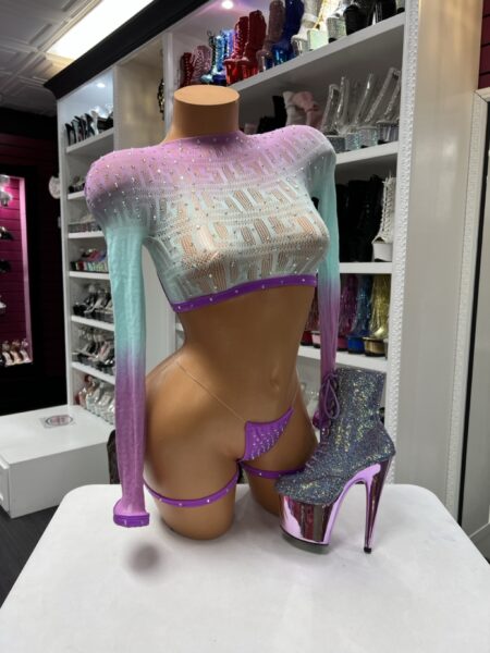 Pastel Ombre Rhinestone Set featuring a sheer long sleeve crop top, matching micro thong, rhinestone embellishments, and leg garter.