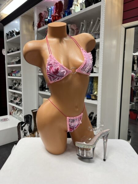 Pink Money Bikini Set with triangle bikini top, matching thong, lace ruffle trim, crystal accents, and silver center ring.