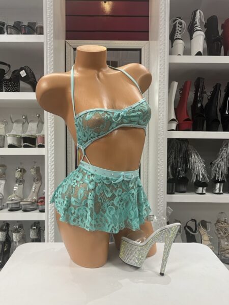 Mint Lace Sling Set featuring a floral lace sling bodysuit with a matching sheer lace mini skirt and crystal trim.