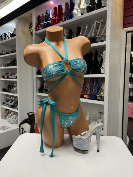 Teal Crystal Wrap Bikini with crystal embellishments, bandeau wrap top, adjustable straps, and matching side-tie bikini bottom.