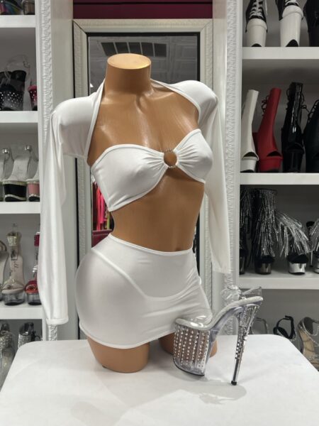 White Ring Skirt Set featuring a bandeau ring crop top, matching thong, fitted mini skirt, and separate long sleeve shrug.