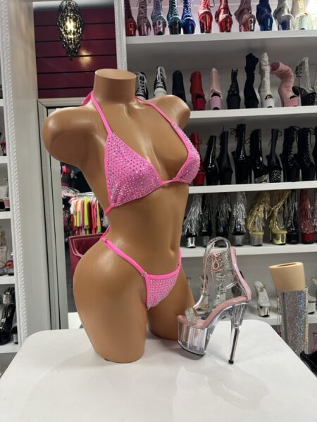 Hot Pink Crystal Bikini with crystal embellished triangle top and matching micro thong.