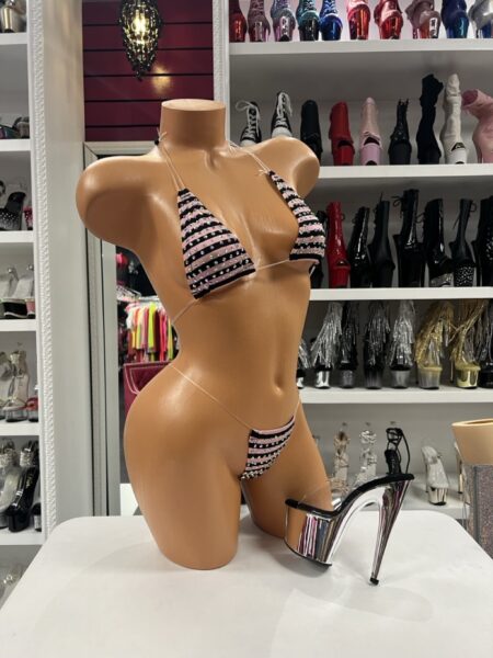 Pink Stripe Crystal Bikini with crystal-studded triangle top, matching micro thong, striped print, and clear straps.