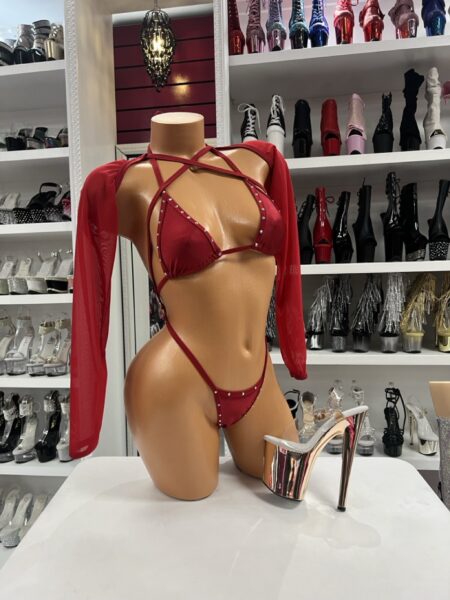 Ruby Crystal Sling Bodysuit with crystal trim and matching sheer mesh long sleeves.