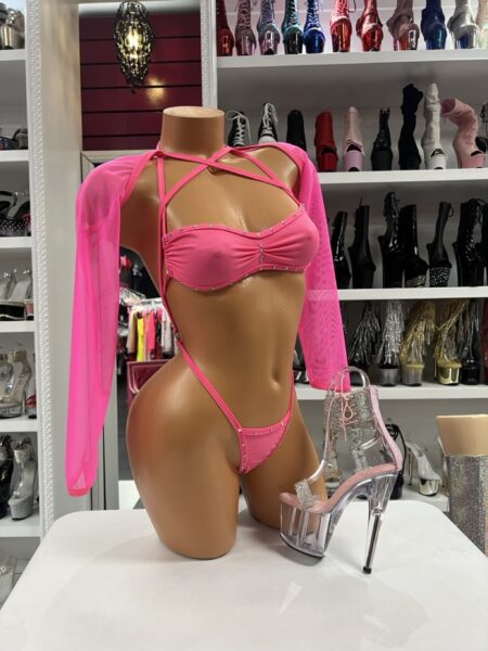 Hot Pink Sling Bodysuit with crystal trim and matching sheer mesh long sleeves