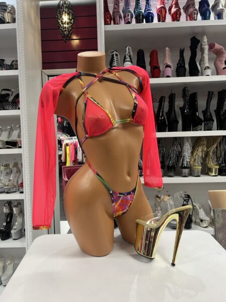 Neon Prism Sling Bodysuit with colorful abstract trim and matching sheer mesh sleeves.