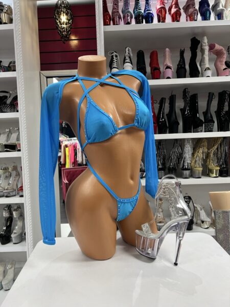 Blue Sleeve Sling Bodysuit with crystal embellishments, strappy cutout design, and matching sheer mesh sleeves.