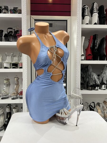 Blue Rhinestone Lace Dress featuring a halter neckline, rhinestone lace-up cutout front, and fitted bodycon mini silhouette.