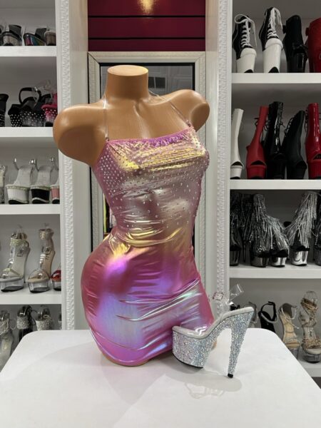 Pink Holographic Mini Dress with an iridescent metallic finish, rhinestone embellished bodice, adjustable clear straps, and fitted bodycon silhouette.