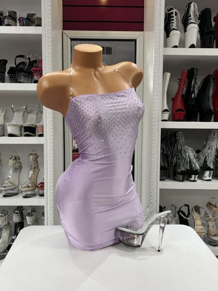 Lavender Rhinestone Mini Dress featuring a sparkling rhinestone bodice, adjustable clear shoulder straps, and a fitted bodycon silhouette.