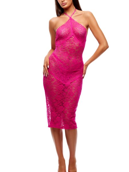 Close Contact 2-Piece Stretch Lace Midi Dress Set - Fuchsia - Fuchsia
