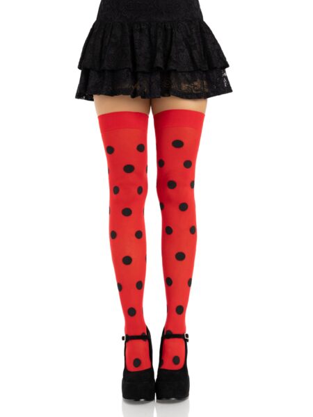 Polka Dot Opaque Thigh Highs - RED/BLACK