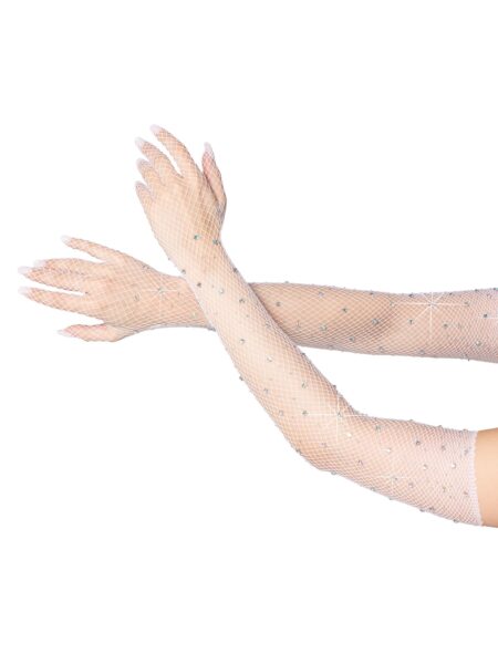 Rhinestone Fishnet Opera Length Gloves - WHITE