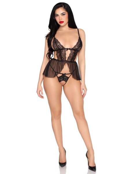 2 PC Scalloped Lace and Mesh Babydoll and Matching Crotchless Panty - BLACK