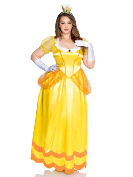 Plus Size 3 PC Classic Sunflower Princess Costume, Includes Long Satin Gown with Iridescent Glitter Tulle Pannier Accents, Petticoat, and Crown Headband - YELLOW/ORA