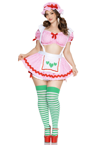 Plus Size 3 PC Berry Babe Costume, Includes Gingham Crop Top, Suspender Skirt with Attached Bloomers, and Bonnet. - PINK