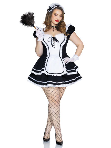 4 PC Maid to Flirt Costume, Includes Ruffle Trimmed Dress with Lace-Up Bodice and Tiered Skirt, Pin-On Back Bow, Cameo Choker, and Headband - BLK/WHITE