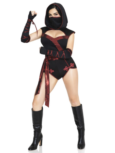 3 PC Shadow Strike Ninja Costume, Includes Romper with Attached Waist Sash, Gloves, and Hooded Face Mask. - BLACK/RED